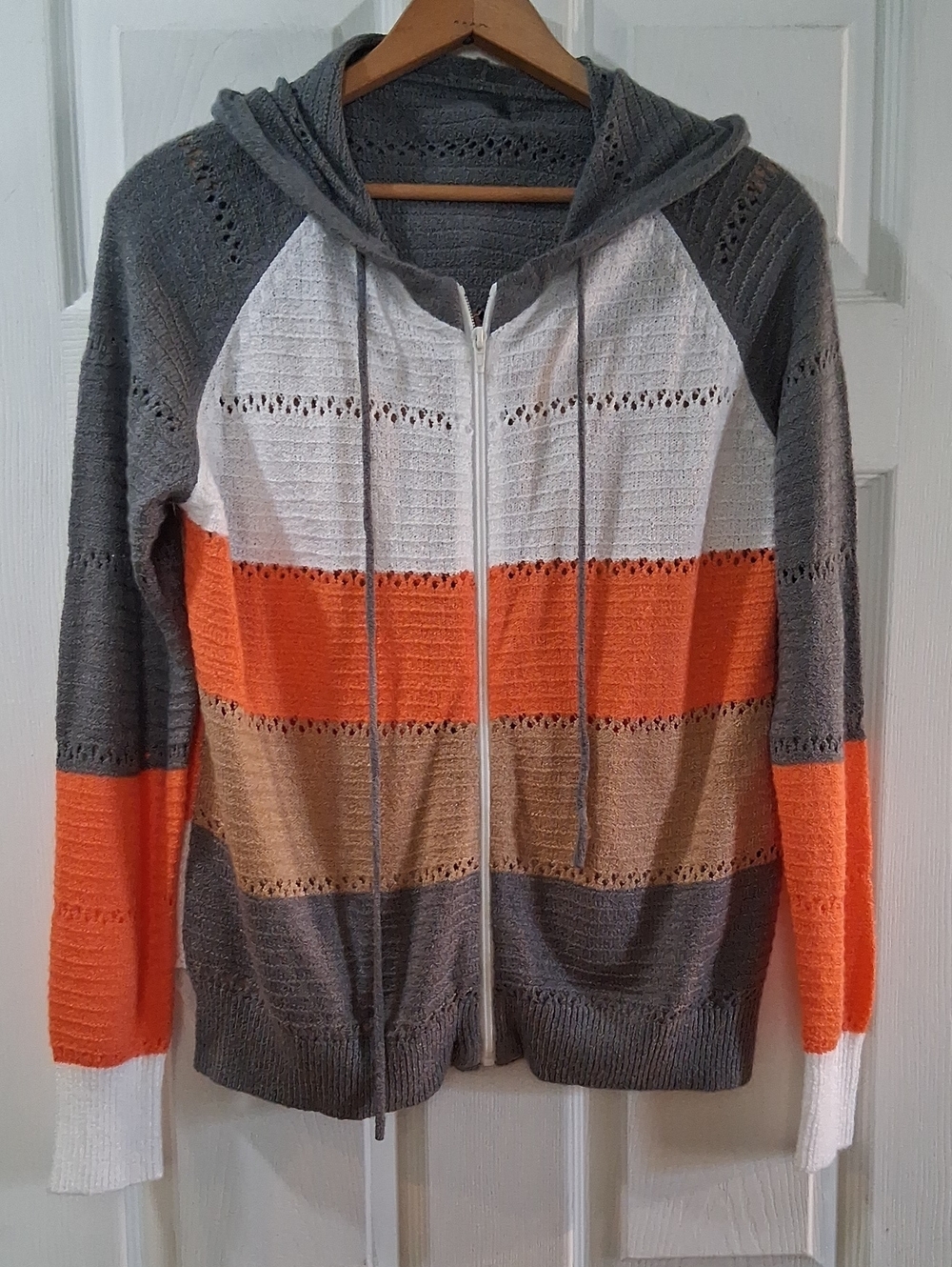 Striped Hooded Zip Sweater - Gray, White, Orange, Tan Fall Colors